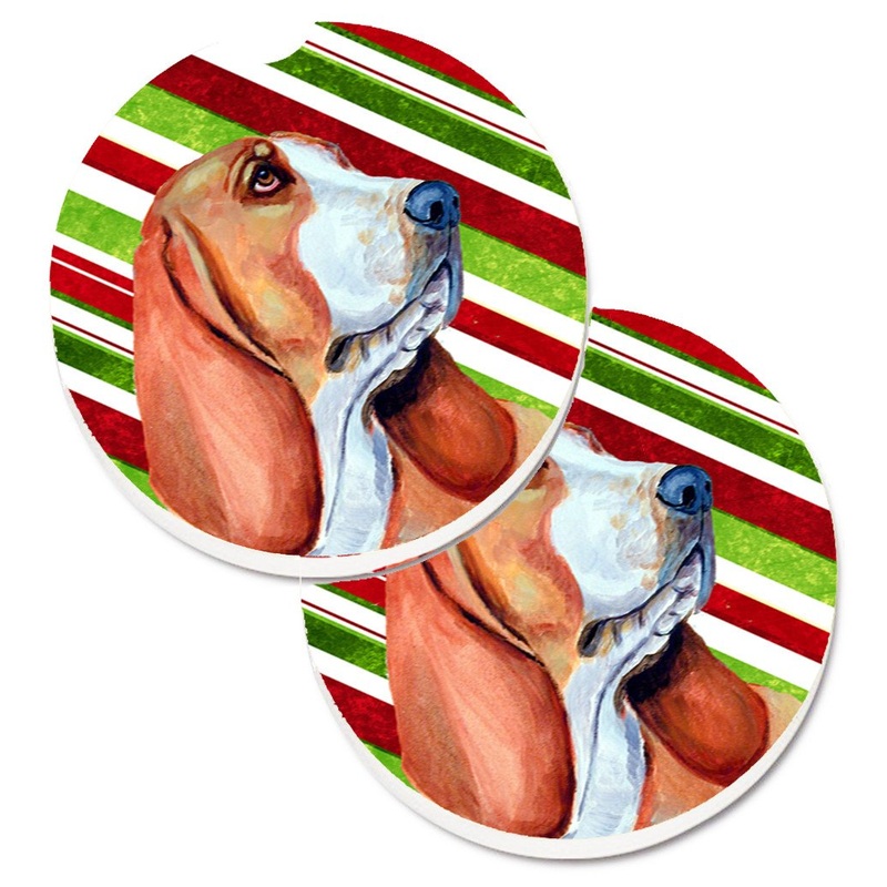 Basset Hound Candy Cane Holiday Christmas Car Coasters  Set of 2 - Absorbent Stone with Fun & Functional Artwork LH9242CARC