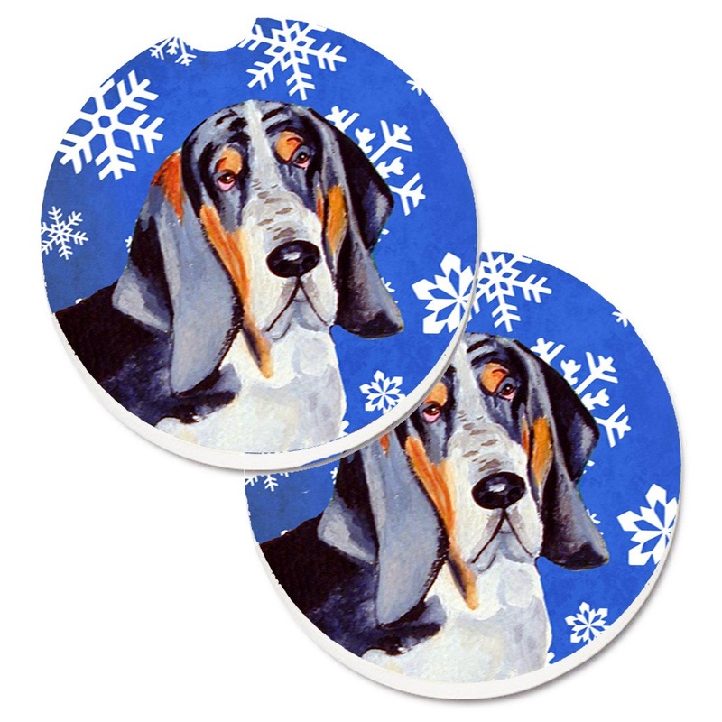Basset Hound Winter Snowflakes Holiday Car Coasters  Set of 2 - Absorbent Stone with Fun & Functional Artwork LH9282CARC