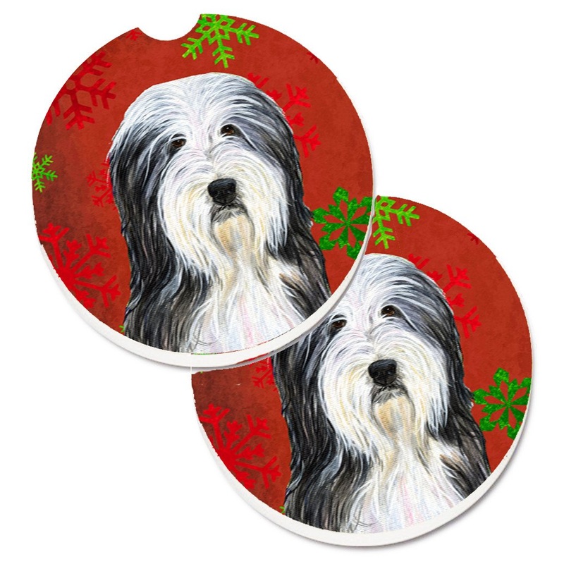 Bearded Collie Red and Green Snowflakes Holiday Christmas Car Coasters  Set of 2 - Absorbent Stone with Fun & Functional Artwork SS4704CARC