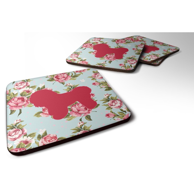 Bichon Frise Shabby Chic Blue Roses Coasters - Set of 4 Lightweight Foam, Absorbent Drink Coasters