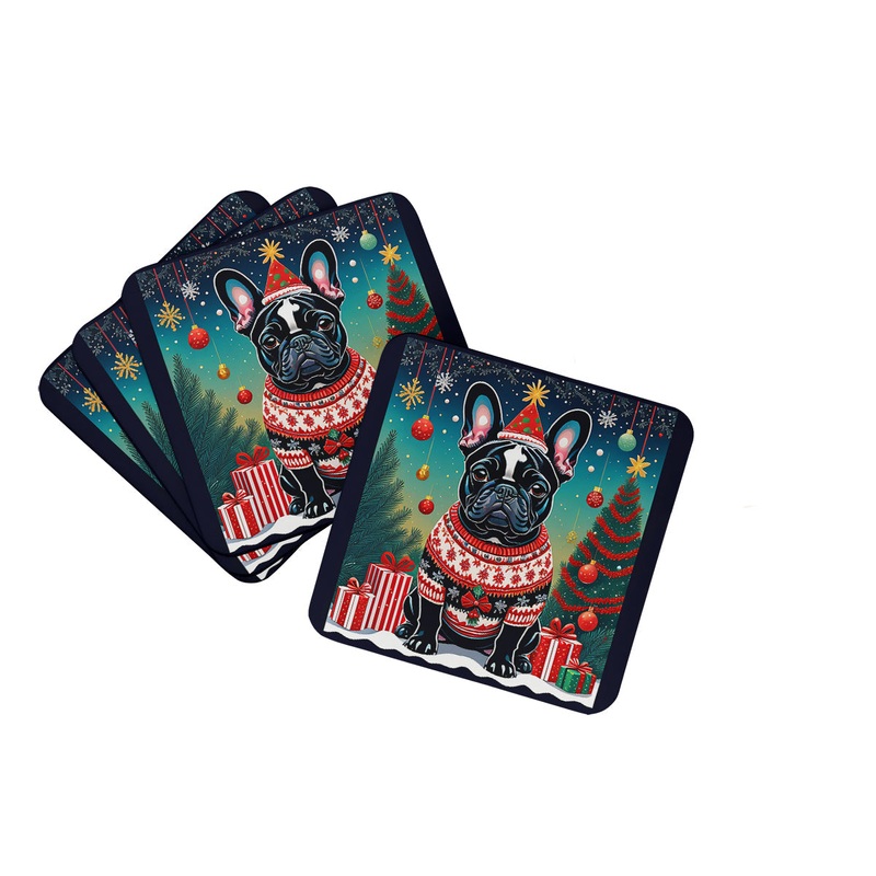 Black French Bulldog Christmas Coasters - Set of 4 Lightweight Foam, Absorbent Drink Coasters