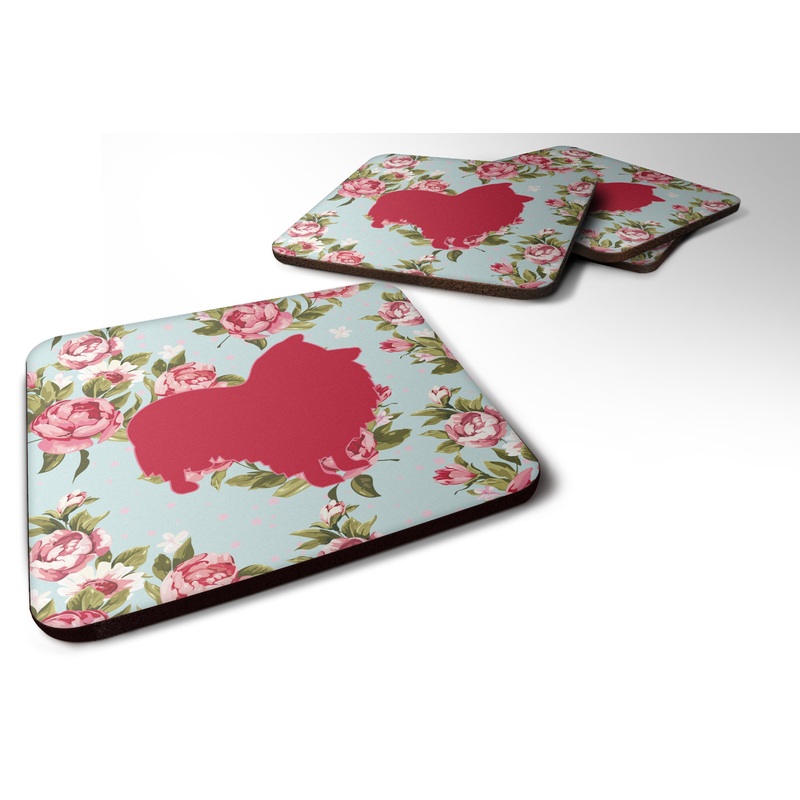 Sheltie Shabby Chic Blue Roses Coasters - Set of 4 Lightweight Foam, Absorbent Drink Coasters