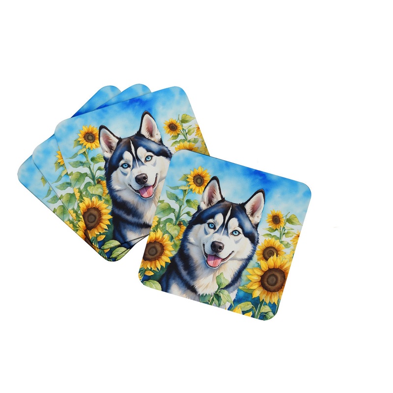 Siberian Husky in Sunflowers Coasters - Set of 4 Lightweight Foam, Absorbent Drink Coasters