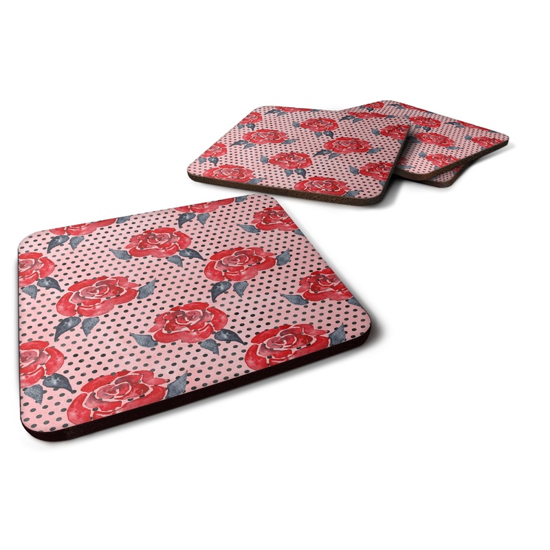 Watercolor Red Roses and Polkadots Foam Coaster  BB7513FC