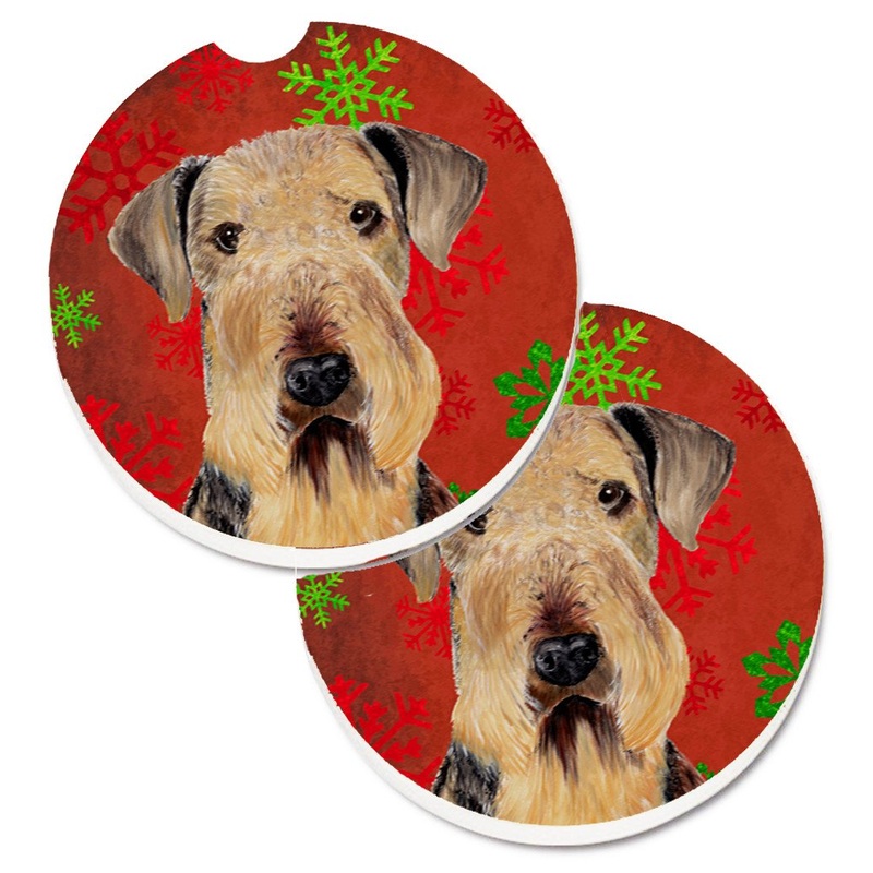 Airedale Red and Green Snowflakes Holiday Christmas Car Coasters  Set of 2 - Absorbent Stone with Fun & Functional Artwork SC9413CARC