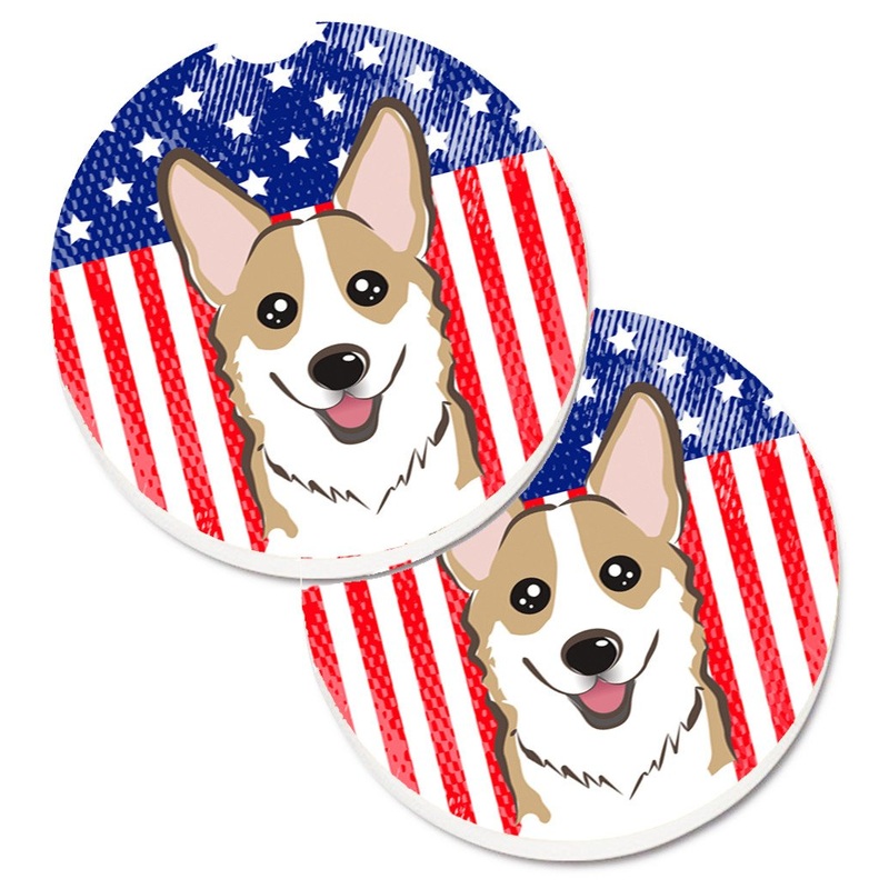 American Flag and Sable Corgi Car Coasters  Set of 2 - Absorbent Stone with Fun & Functional Artwork BB2183CARC