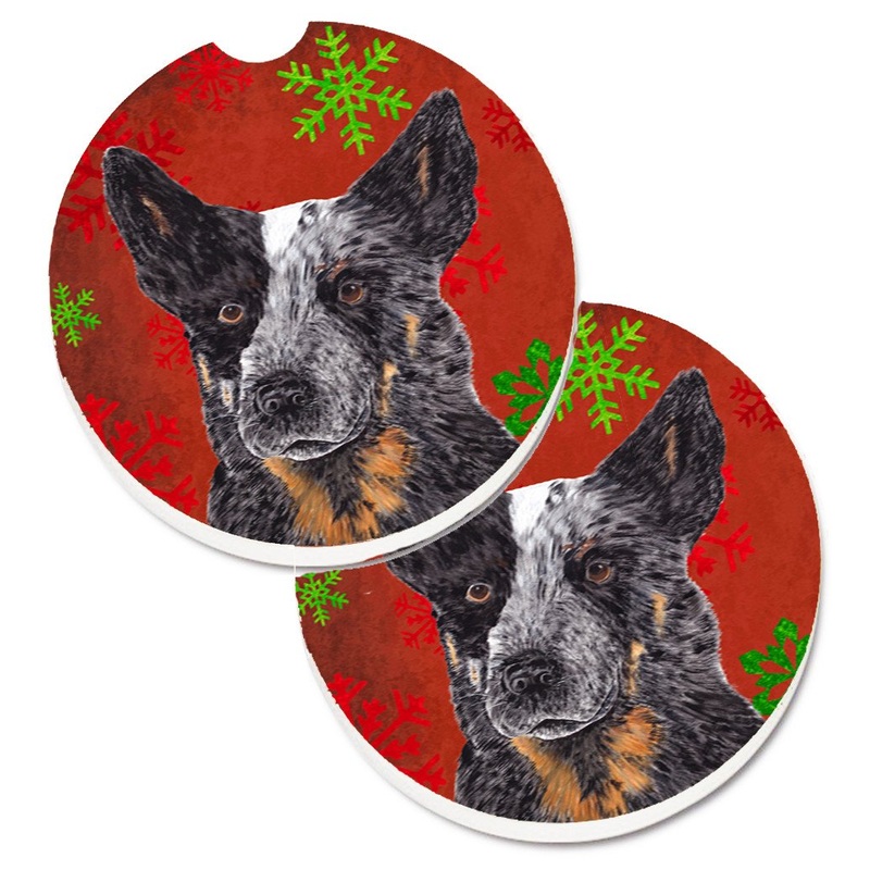 Australian Cattle Dog Red Green Snowflakes Christmas Car Coasters  Set of 2 - Absorbent Stone with Fun & Functional Artwork SC9436CARC