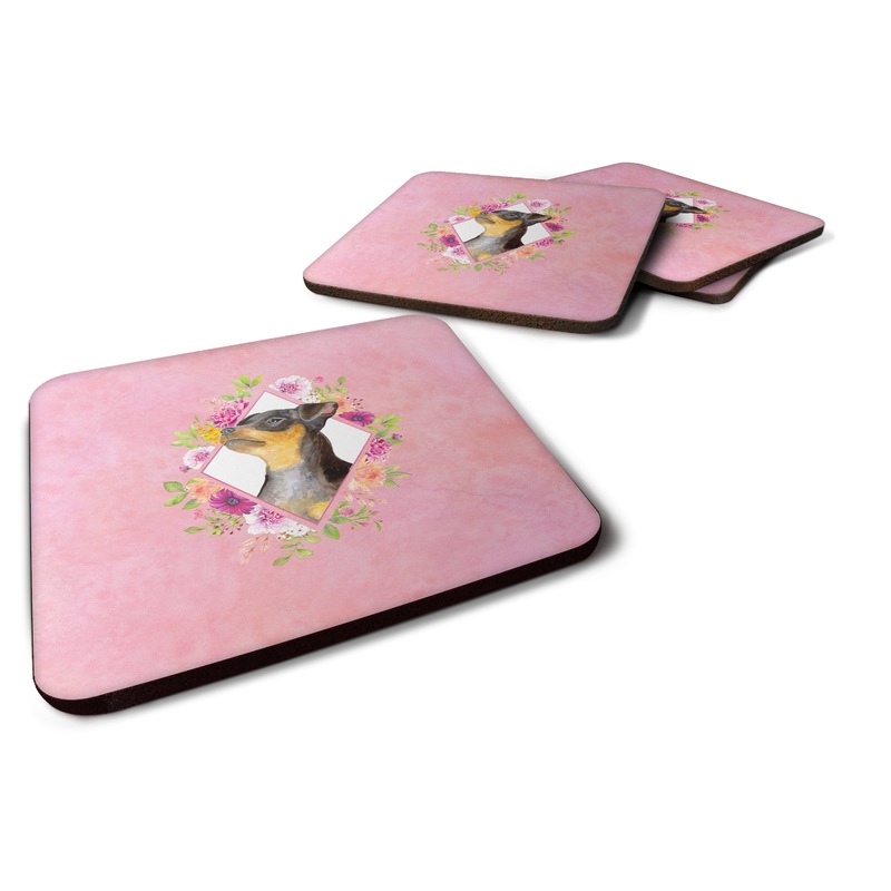 Black Miniature Pinscher Pink Flowers Coasters - Set of 4 Lightweight Foam, Absorbent Drink Coasters  CK4196FC