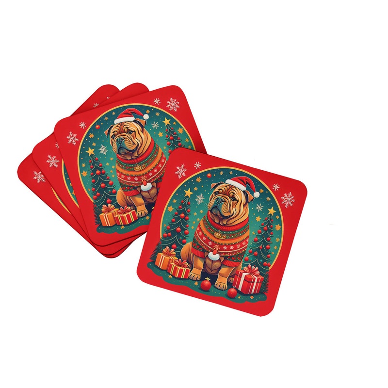 Shar Pei Christmas Coasters - Set of 4 Lightweight Foam, Absorbent Drink Coasters