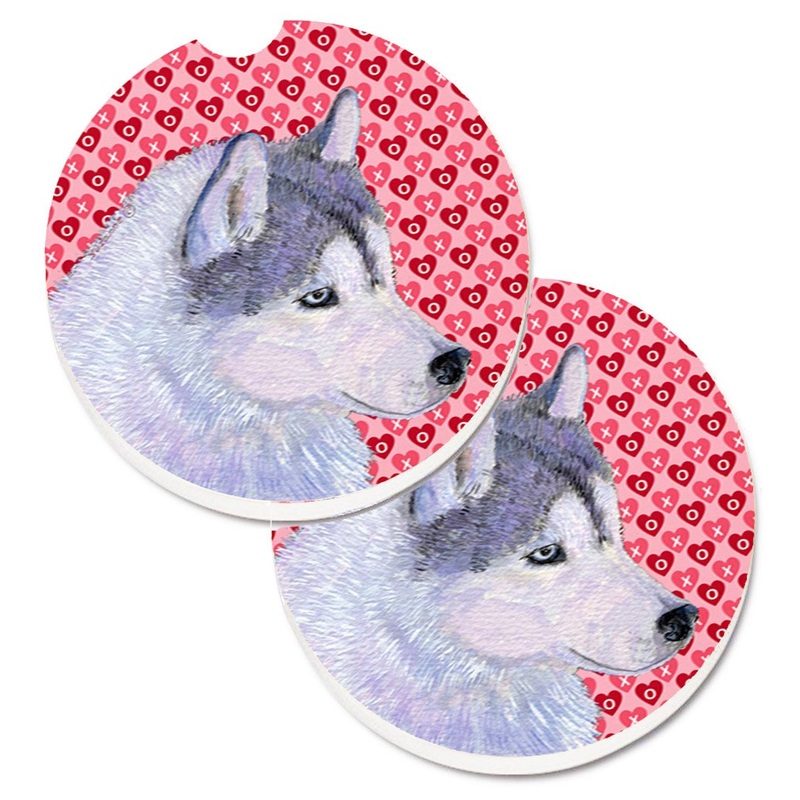 Siberian Husky Hearts Love Valentine's Day Car Coasters  Set of 2 - Absorbent Stone with Fun & Functional Artwork SS4464CARC