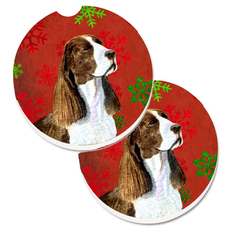 Springer Spaniel Red and Green Snowflakes Holiday Christmas Car Coasters  Set of 2 - Absorbent Stone with Fun & Functional Artwork SS4720CARC