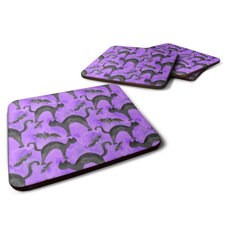 Watecolor Halloween Black Cats on Purple Foam Coaster  BB7528FC