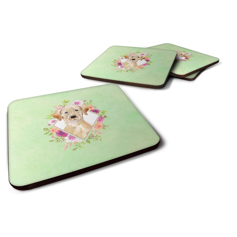 Yellow Lab Green Flowers Coasters - Set of 4 Lightweight Foam, Absorbent Drink Coasters  CK4387FC