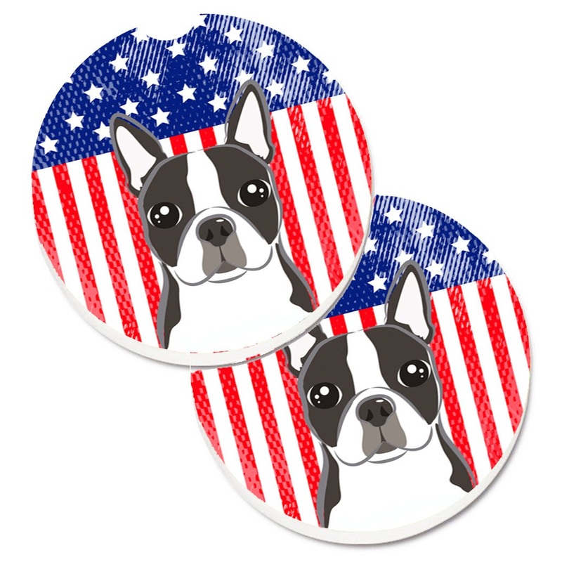 American Flag and Boston Terrier Car Coasters  Set of 2 - Absorbent Stone with Fun & Functional Artwork BB2133CARC