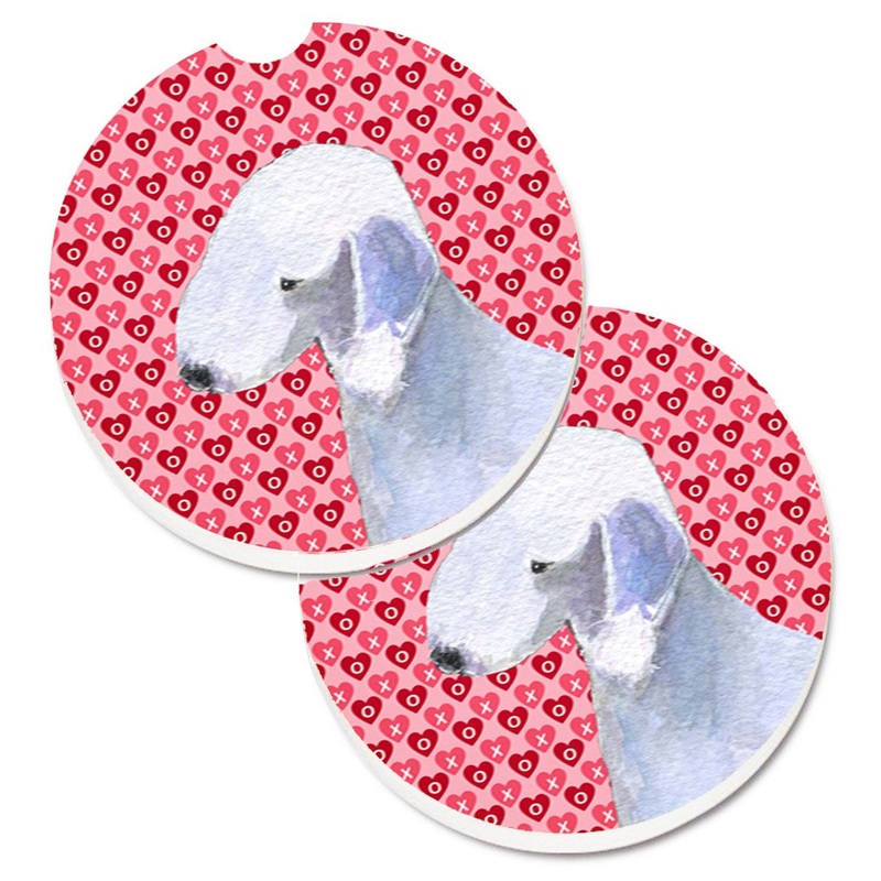 Bedlington Terrier Hearts Love and Valentine's Day Portrait Car Coasters  Set of 2 - Absorbent Stone with Fun & Functional Artwork SS4483CARC