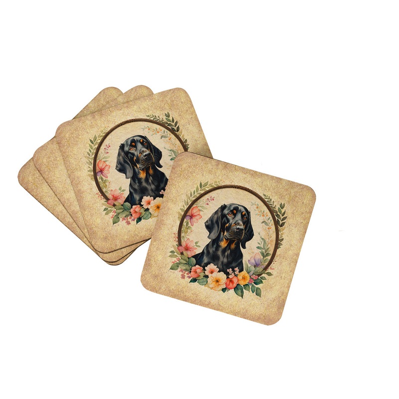 Black and Tan Coonhound and Flowers Coasters - Set of 4 Lightweight Foam, Absorbent Drink Coasters