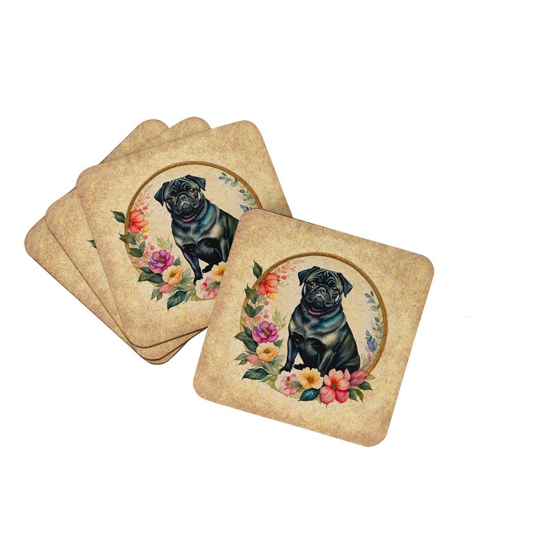 Black Pug and Flowers Coasters - Set of 4 Lightweight Foam, Absorbent Drink Coasters