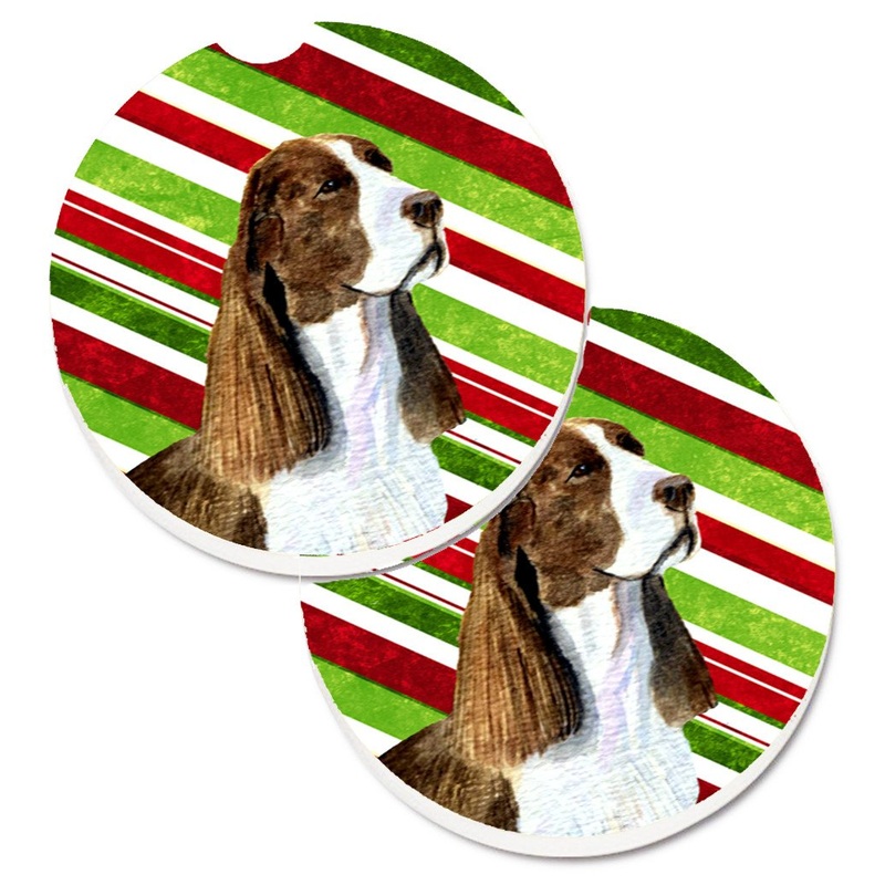 Springer Spaniel Candy Cane Holiday Christmas Car Coasters  Set of 2 - Absorbent Stone with Fun & Functional Artwork SS4582CARC