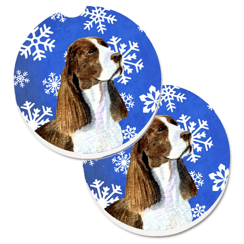 Springer Spaniel Winter Snowflakes Holiday Car Coasters  Set of 2 - Absorbent Stone with Fun & Functional Artwork SS4651CARC