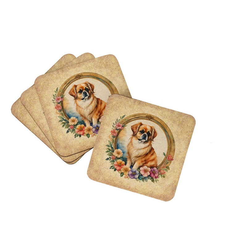 Tibetan Spaniel and Flowers Coasters - Set of 4 Lightweight Foam, Absorbent Drink Coasters