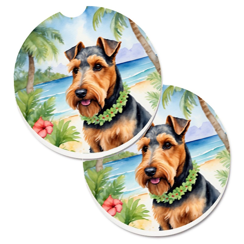 Welsh Terrier Luau Car Coasters  Set of 2 - Absorbent Stone with Fun & Functional Artwork