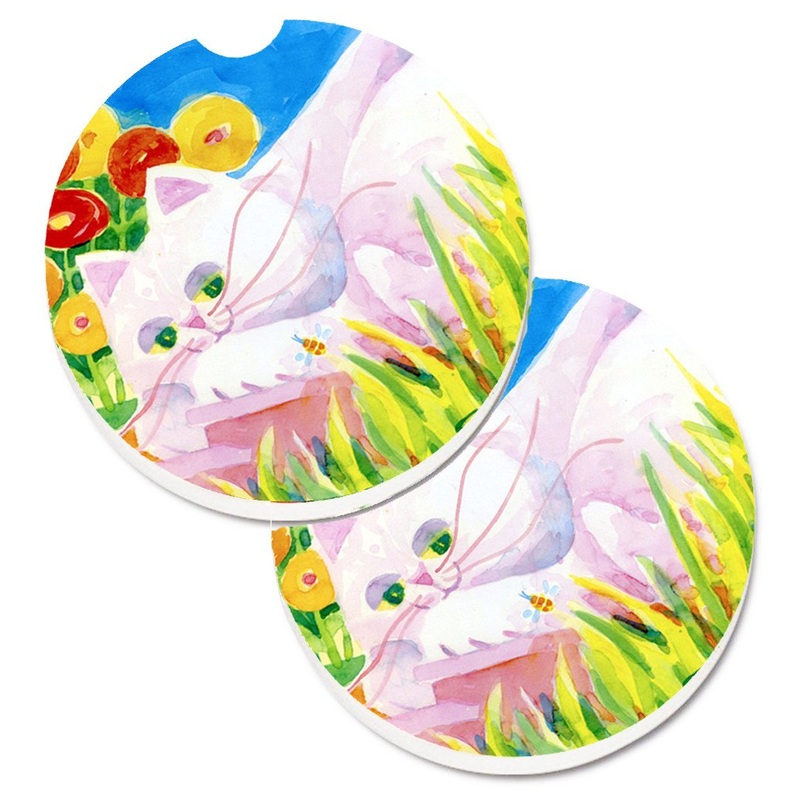 White Cat Car Coasters  Set of 2 - Absorbent Stone with Fun & Functional Artwork 6102CARC
