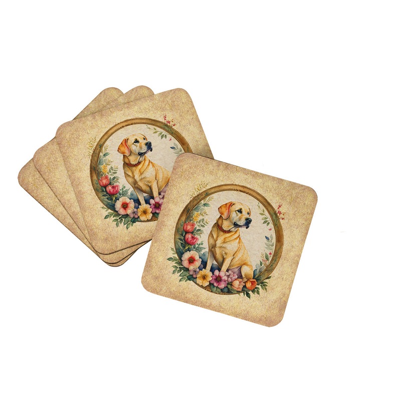 Yellow Labrador Retriever and Flowers Coasters - Set of 4 Lightweight Foam, Absorbent Drink Coasters