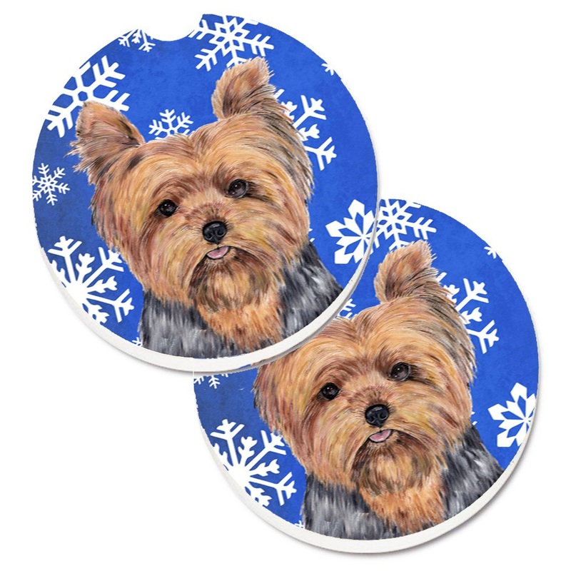 Yorkie Winter Snowflakes Holiday Car Coasters  Set of 2 - Absorbent Stone with Fun & Functional Artwork SC9388CARC