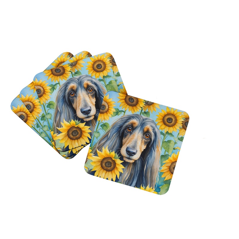 Afghan Hound in Sunflowers Coasters - Set of 4 Lightweight Foam, Absorbent Drink Coasters
