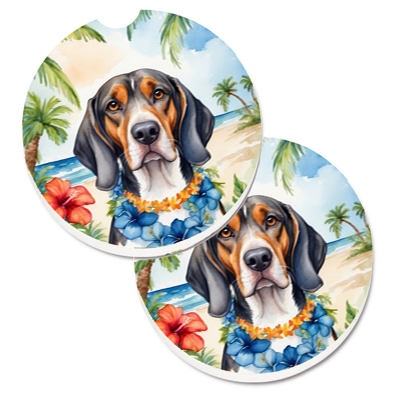American English Coonhound Luau Car Coasters  Set of 2 - Absorbent Stone with Fun & Functional Artwork