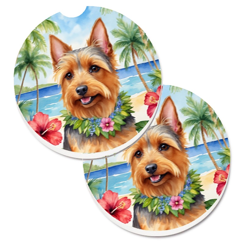 Australian Terrier Luau Car Coasters  Set of 2 - Absorbent Stone with Fun & Functional Artwork