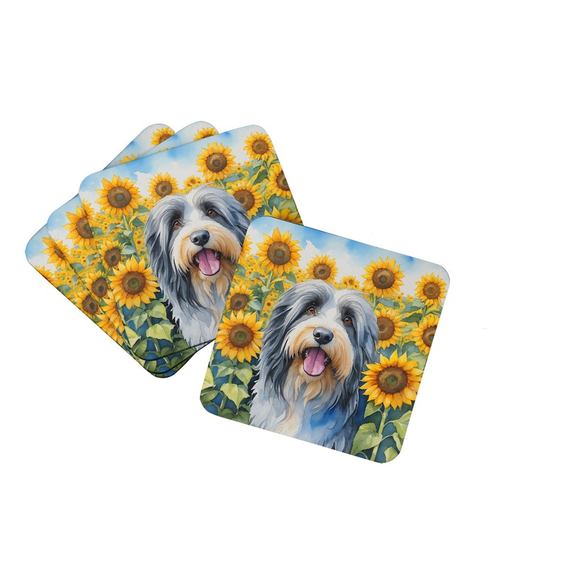 Bearded Collie in Sunflowers Coasters - Set of 4 Lightweight Foam, Absorbent Drink Coasters