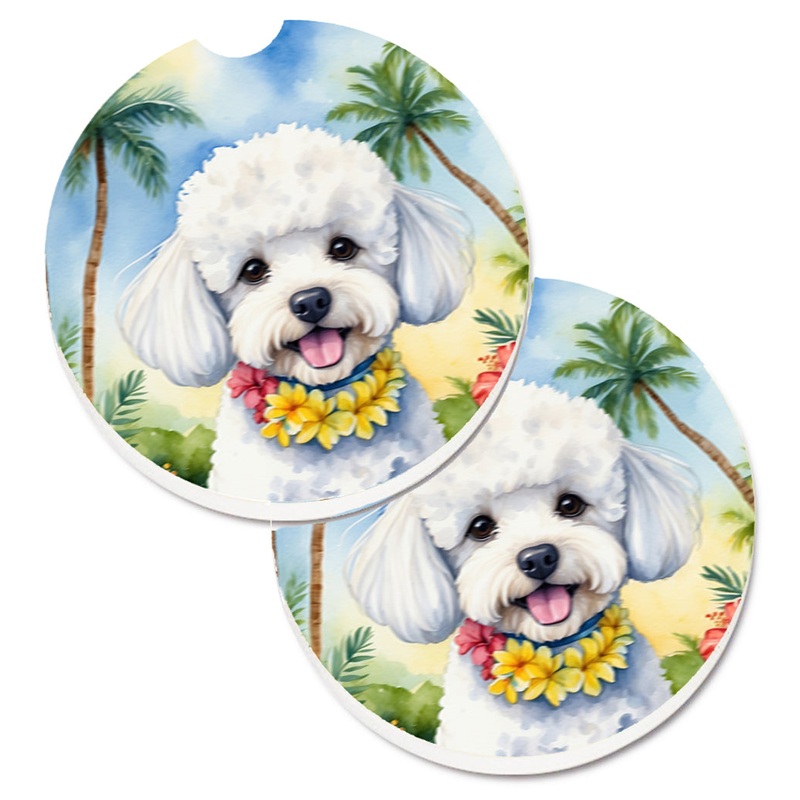 Bichon Frise Luau Car Coasters  Set of 2 - Absorbent Stone with Fun & Functional Artwork