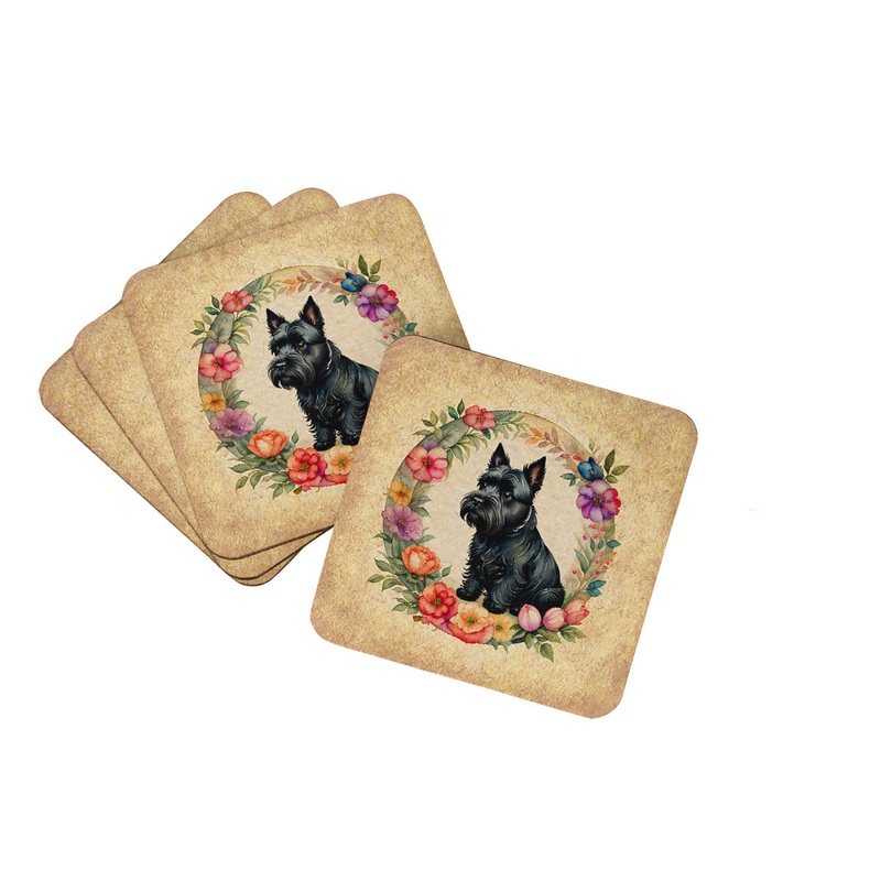 Scottish Terrier and Flowers Coasters - Set of 4 Lightweight Foam, Absorbent Drink Coasters