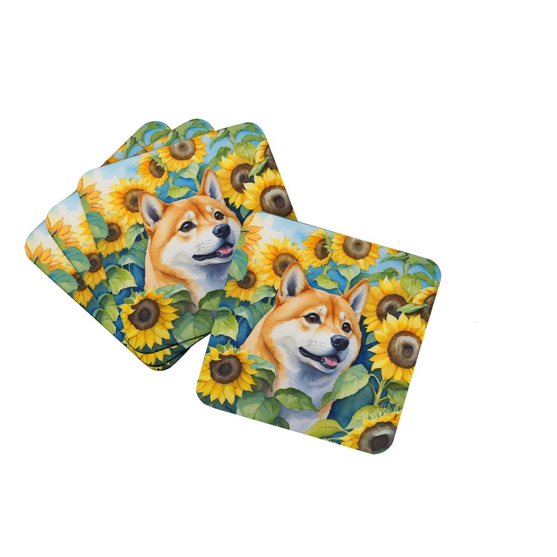 Shiba Inu in Sunflowers Coasters - Set of 4 Lightweight Foam, Absorbent Drink Coasters