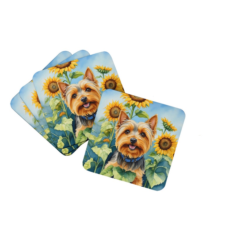 Silky Terrier in Sunflowers Coasters - Set of 4 Lightweight Foam, Absorbent Drink Coasters