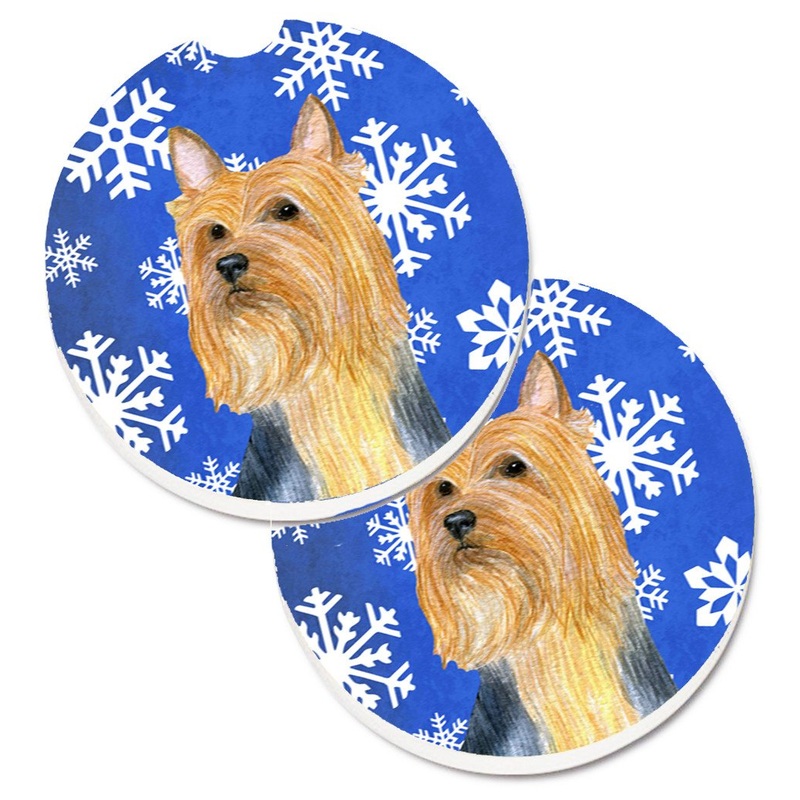 Silky Terrier Winter Snowflakes Holiday Car Coasters  Set of 2 - Absorbent Stone with Fun & Functional Artwork LH9271CARC
