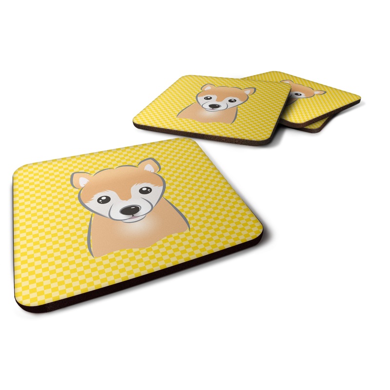 Yellow Checkered Shiba Inu Coasters - Set of 4 Lightweight Foam, Absorbent Drink Coasters BB1133FC