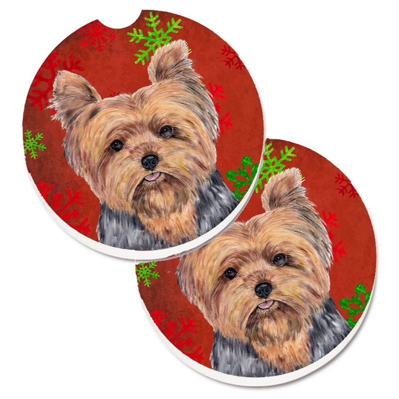 Yorkie Red and Green Snowflakes Holiday Christmas Car Coasters  Set of 2 - Absorbent Stone with Fun & Functional Artwork SC9428CARC