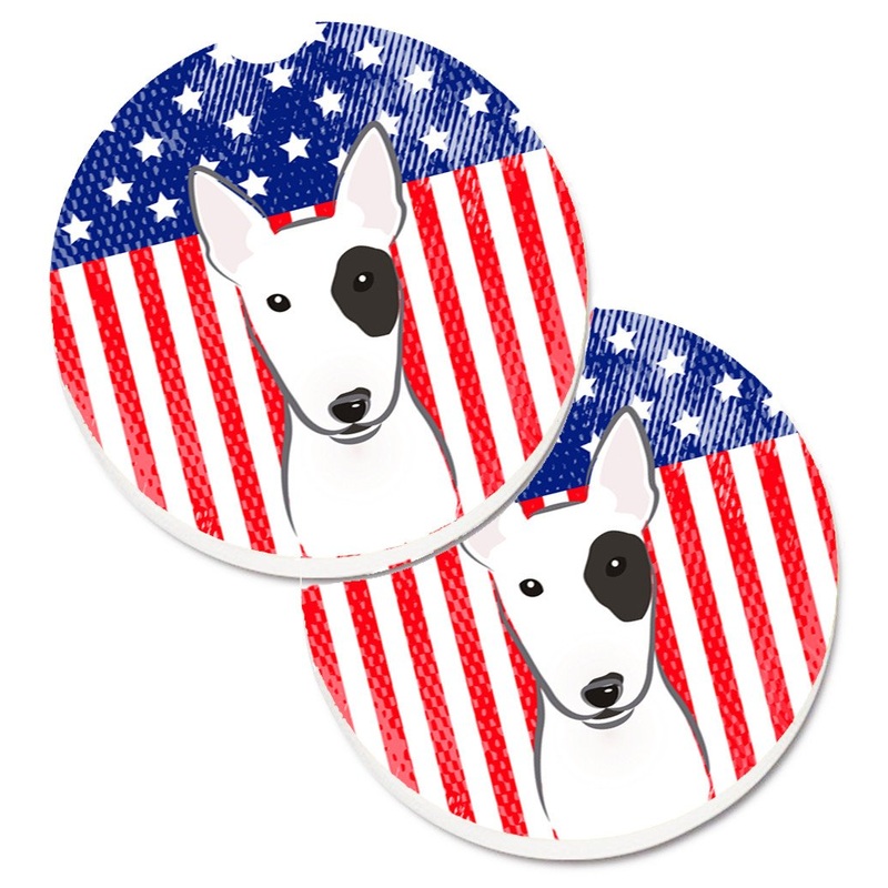 American Flag and Bull Terrier Car Coasters  Set of 2 - Absorbent Stone with Fun & Functional Artwork BB2139CARC