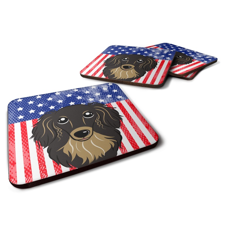 American Flag and Longhair Black and Tan Dachshund Foam Coaster