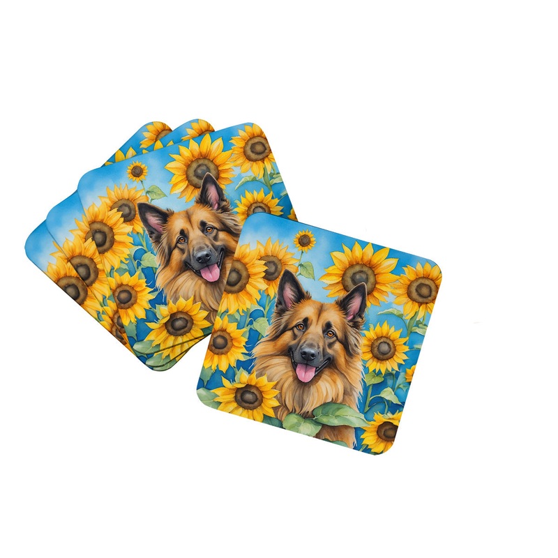 Belgian Tervuren in Sunflowers Coasters - Set of 4 Lightweight Foam, Absorbent Drink Coasters
