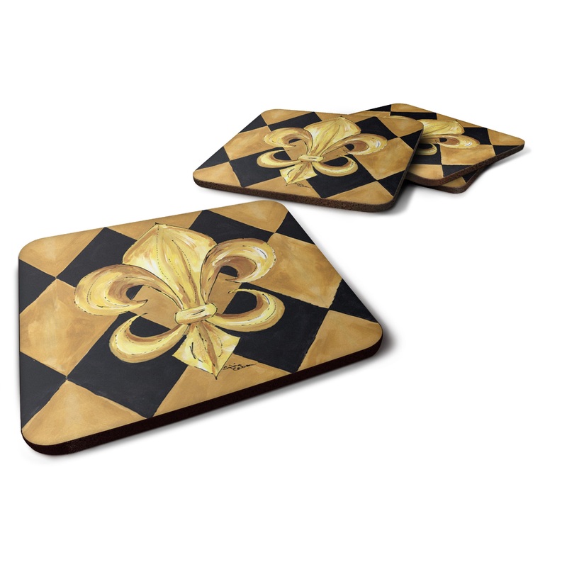 Black and Gold Fleur de lis New Orleans Coasters - Set of 4 Lightweight Foam, Absorbent Drink Coasters