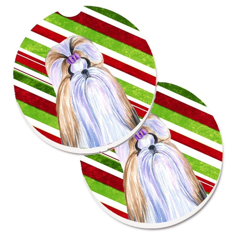 Shih Tzu Candy Cane Holiday Christmas Car Coasters  Set of 2 - Absorbent Stone with Fun & Functional Artwork SS4534CARC