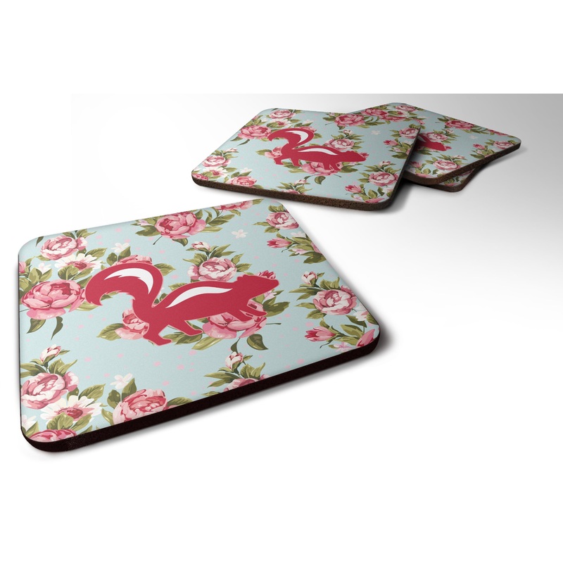 Skunk Shabby Chic Blue Roses Coasters - Set of 4 Lightweight Foam, Absorbent Drink Coasters
