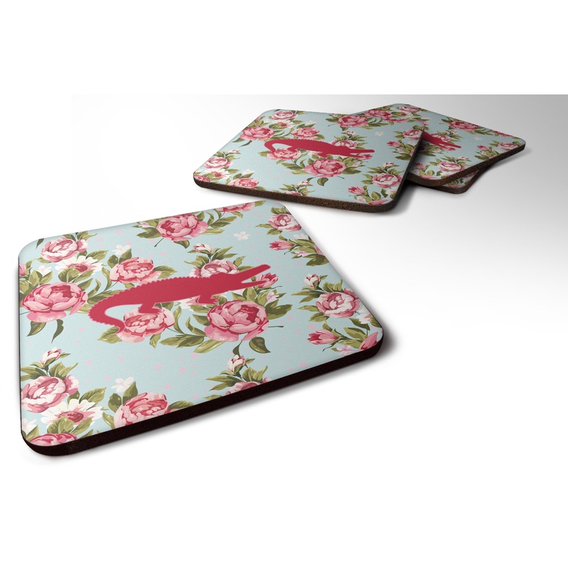 Alligator Shabby Chic Blue Roses Coasters - Set of 4 Lightweight Foam, Absorbent Drink Coasters