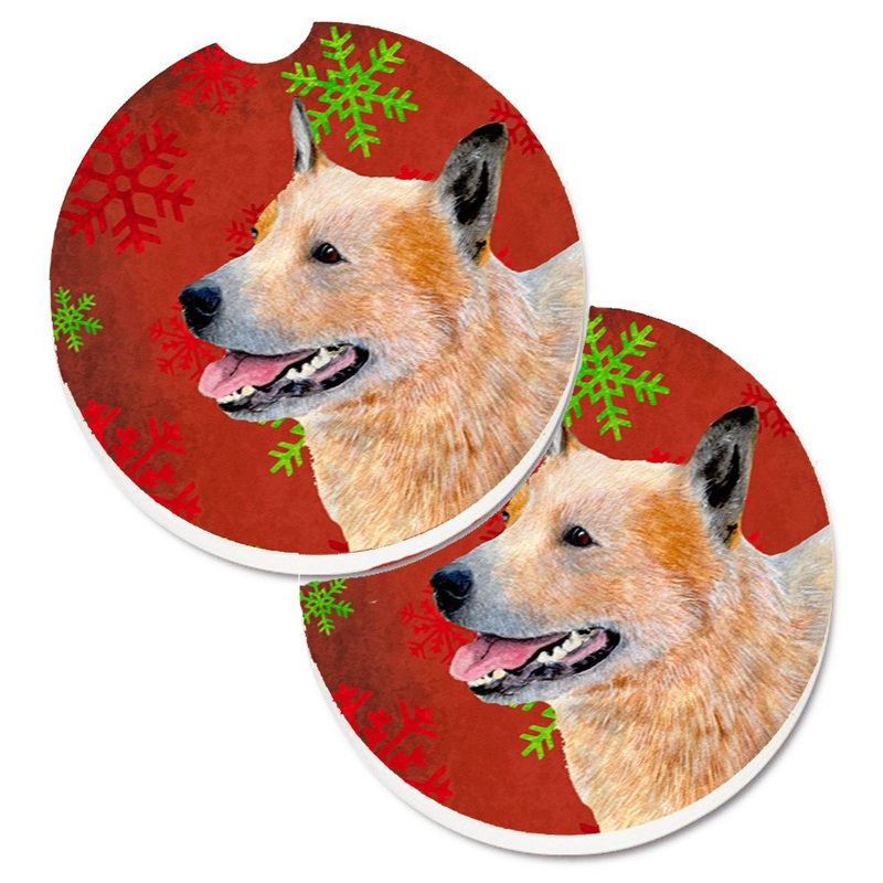 Australian Cattle Dog Red Green Snowflakes Christmas Car Coasters  Set of 2 - Absorbent Stone with Fun & Functional Artwork LH9317CARC