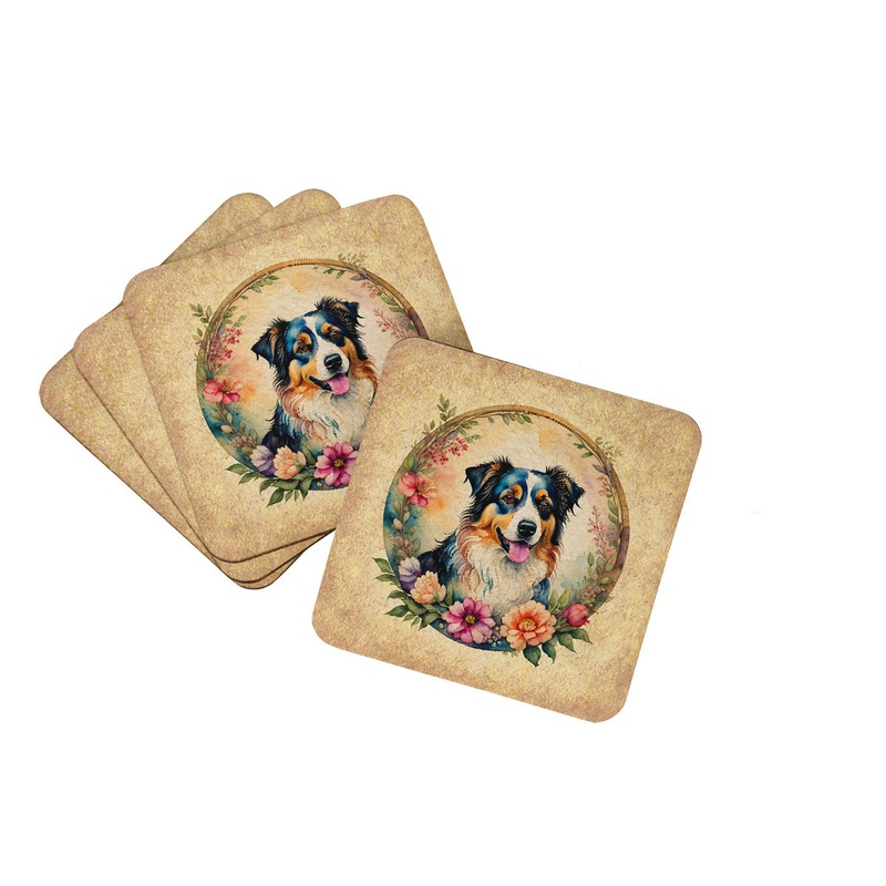 Australian Shepherd and Flowers Coasters - Set of 4 Lightweight Foam, Absorbent Drink Coasters