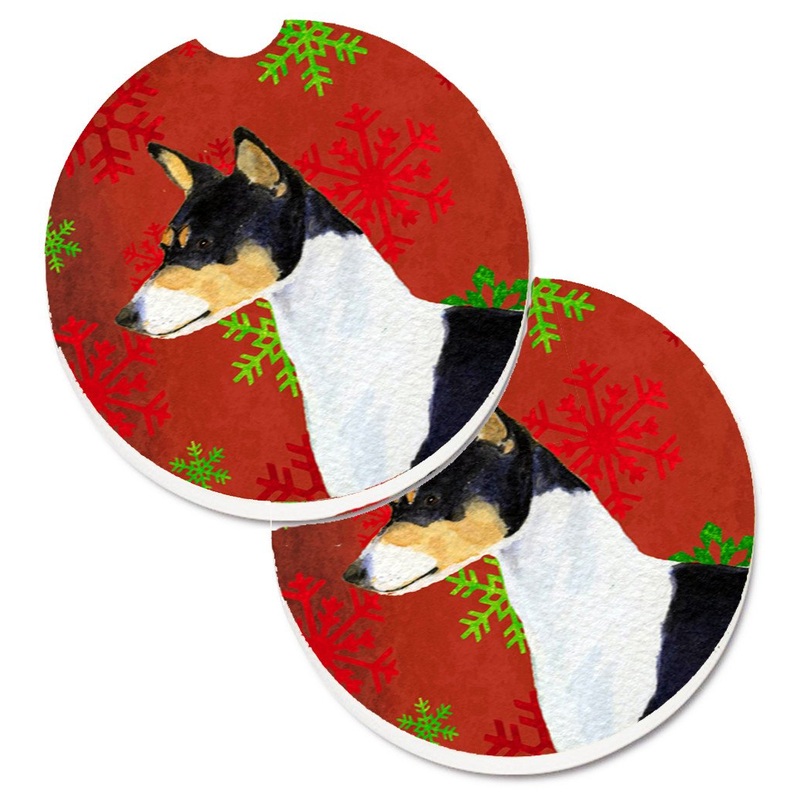 Basenji Red and Green Snowflakes Holiday Christmas Car Coasters  Set of 2 - Absorbent Stone with Fun & Functional Artwork SS4721CARC