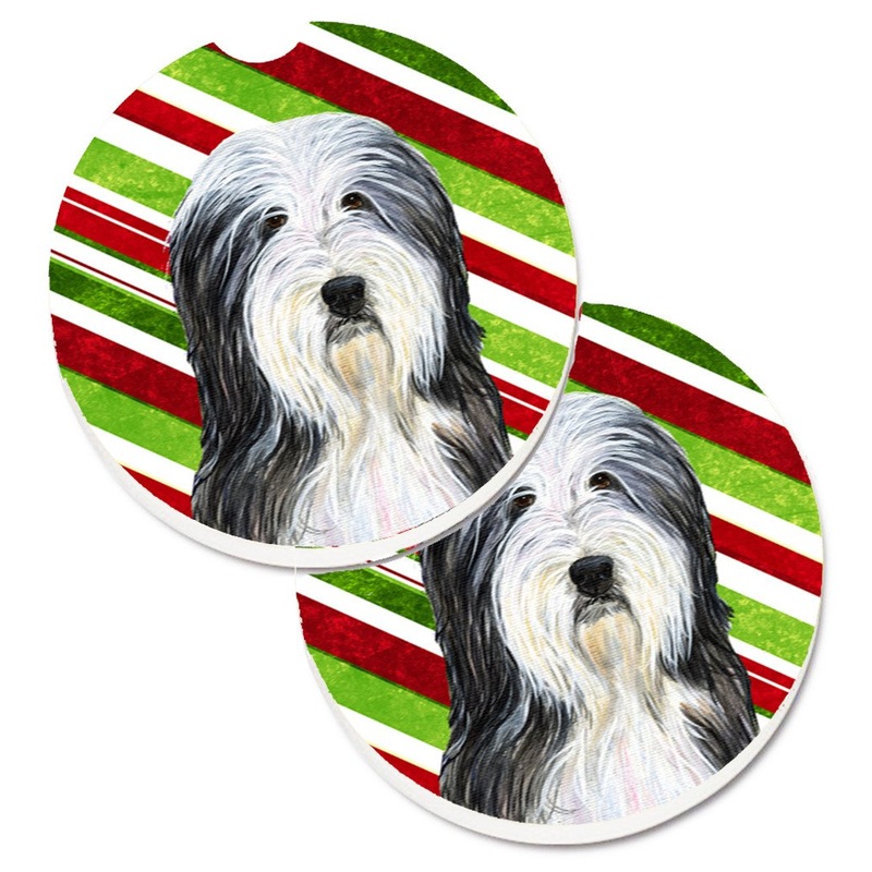 Bearded Collie Candy Cane Holiday Christmas Car Coasters  Set of 2 - Absorbent Stone with Fun & Functional Artwork SS4566CARC